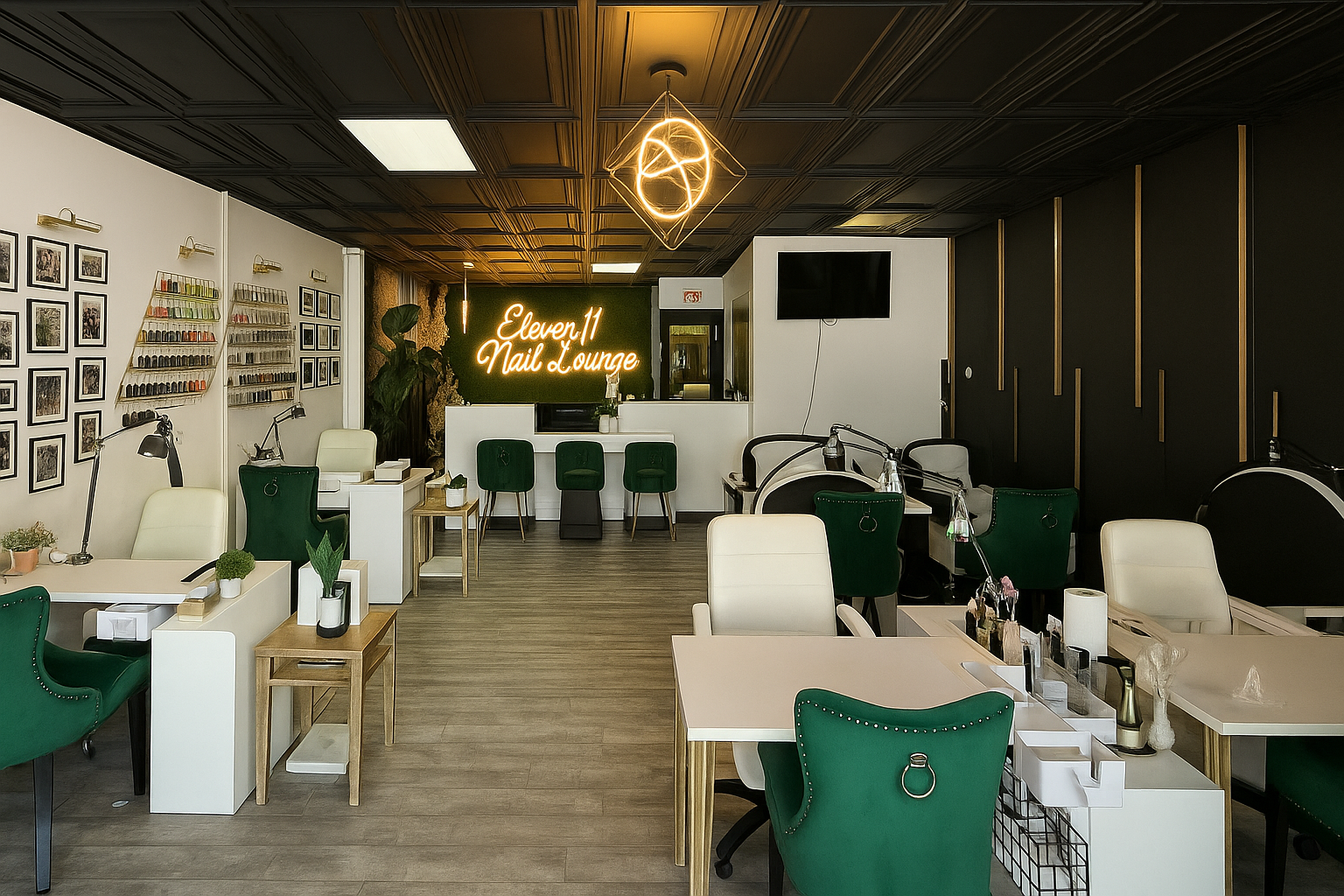 A modern nail salon with green chairs, white tables, a neon "Eleven11 Nail Lounge" sign, wall art, and organized nail polish displays.